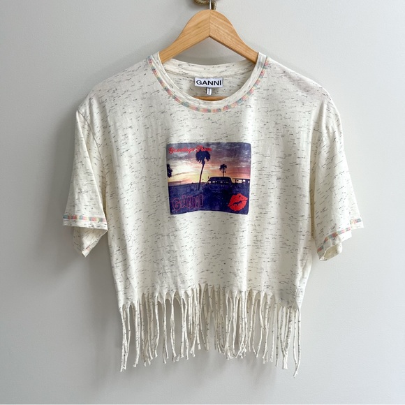 [ganni] greetings from fringe crop beach graphic short sleeve tee egret XS - Picture 4 of 10